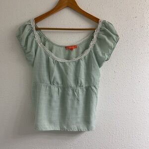 Social Scene Mint Gingham Blouse with Lace Detail